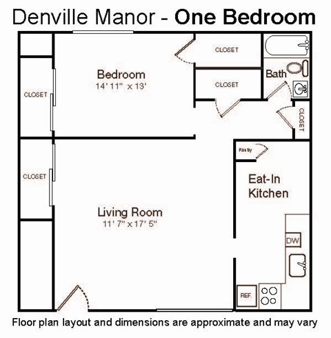Floor plan for 1 bed, 1 bath